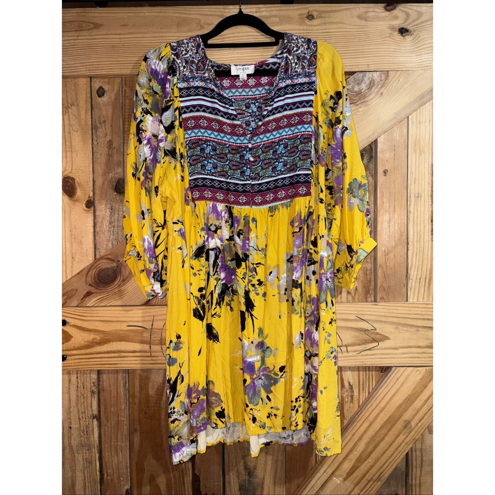 Umgee Floral Paisley Empire Waist Tunic Dress Boho Chic Large V-Neck Wide Sleeve